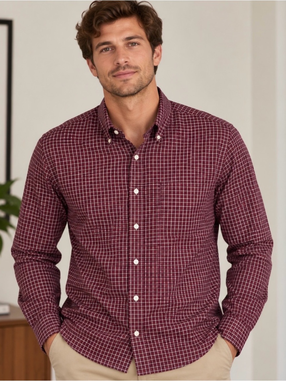 LL Bean Shirt Mens Large Traditional Fit Burgundy Maroon White Grid Check Button